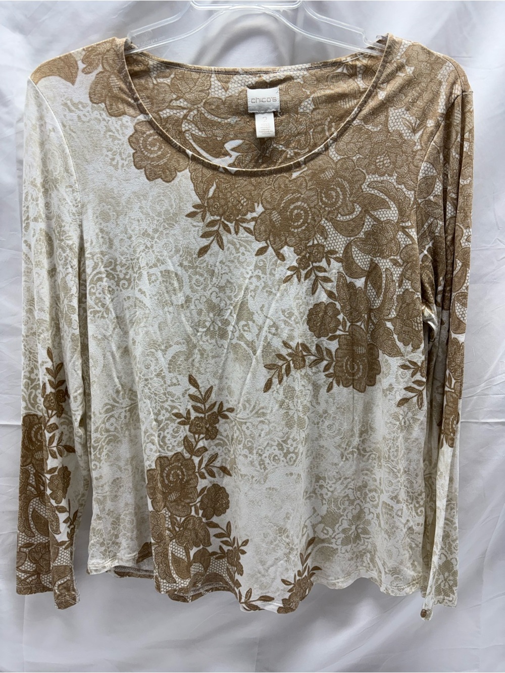 Chicos Touch Of Cool Lace Floral Print  Lightweight Knit Top Sz 2/L Long Sleeve
